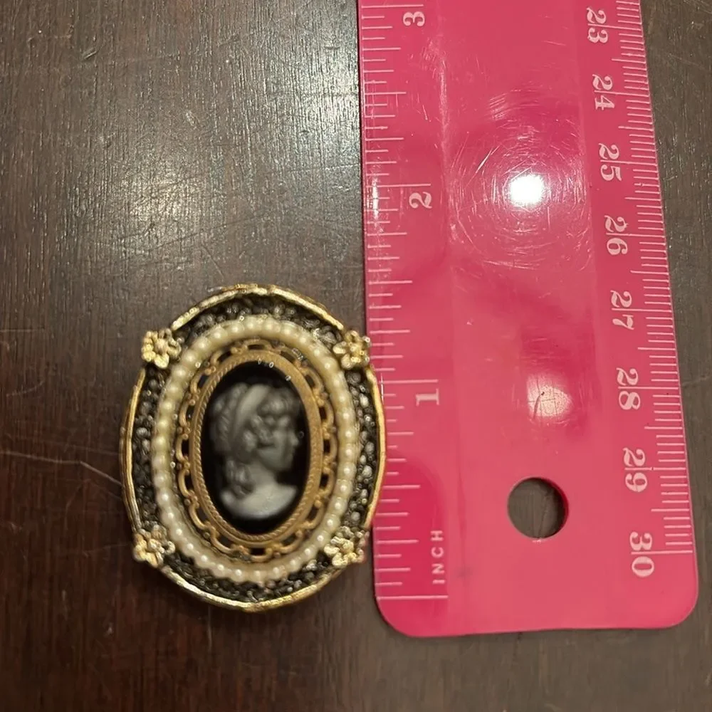 Elegant Vintage Gold and Black Cameo Brooch